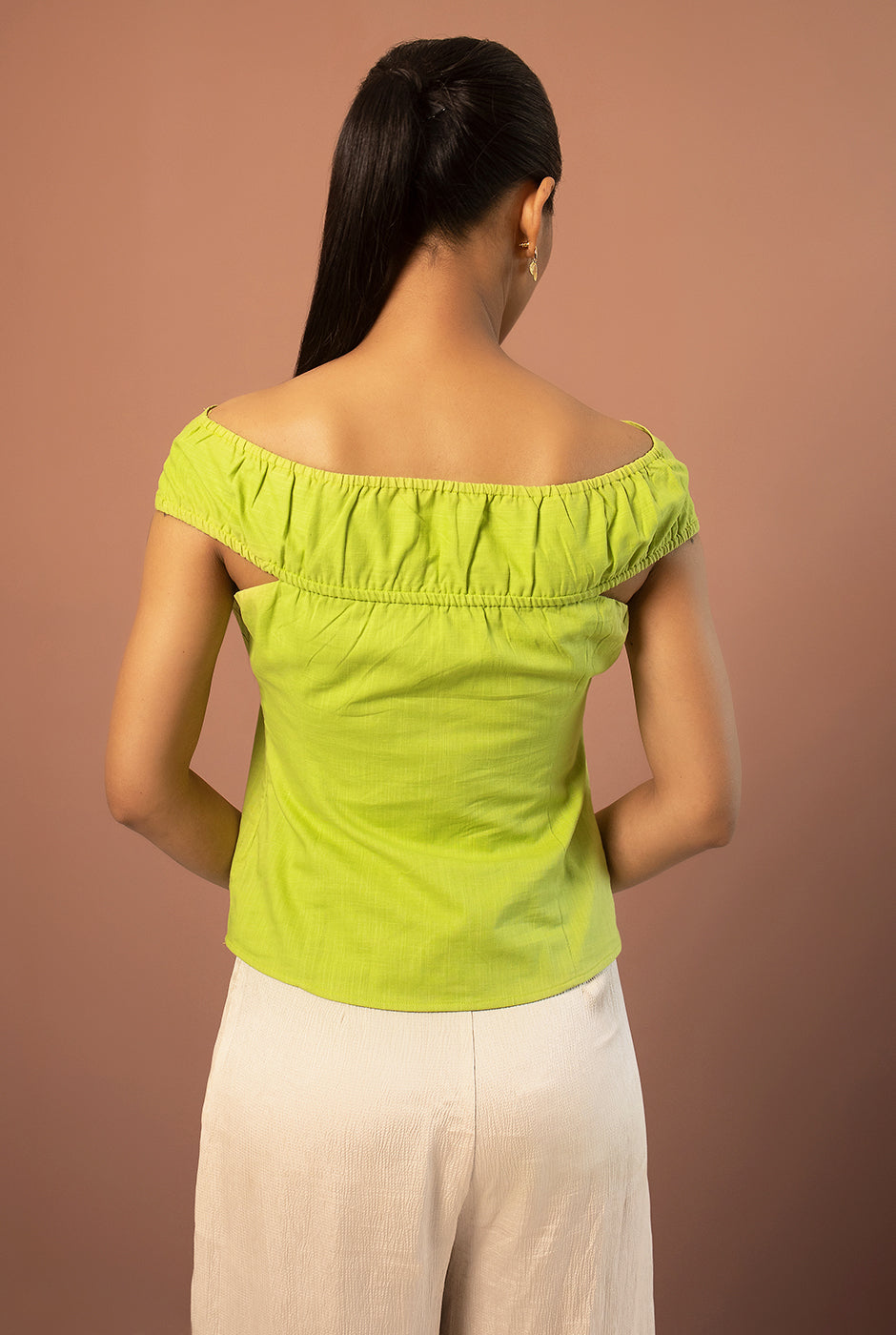 Delilah premium cotton summer green off-shoulder front twist top