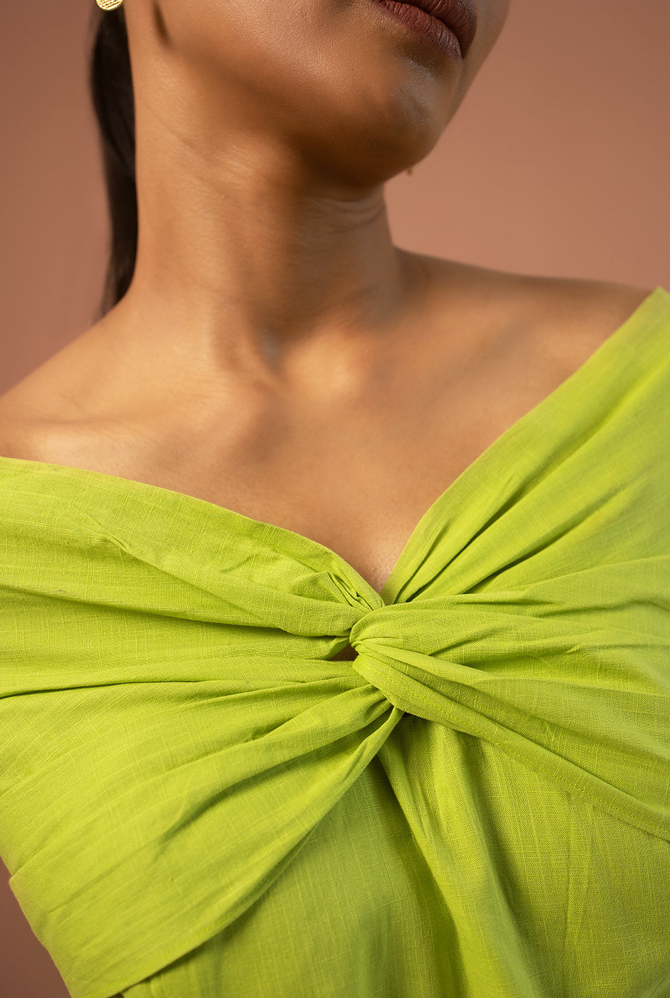 Delilah premium cotton summer green off-shoulder front twist top