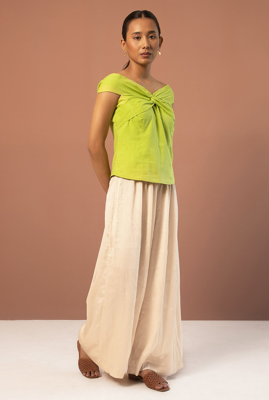 Delilah premium cotton summer green off-shoulder front twist top