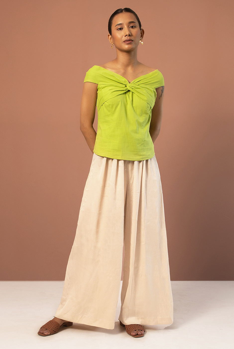 Delilah premium cotton summer green off-shoulder front twist top