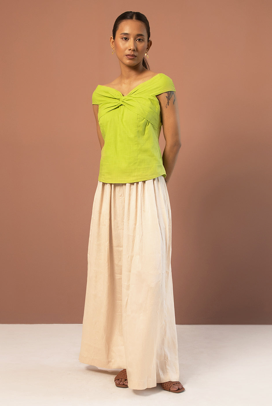 Delilah premium cotton summer green off-shoulder front twist top