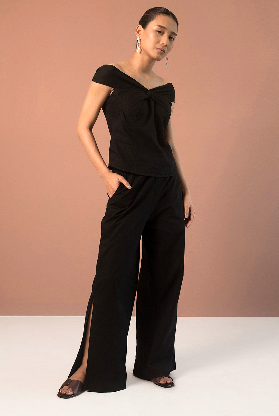 Delilah premium cotton black off-shoulder front twist top