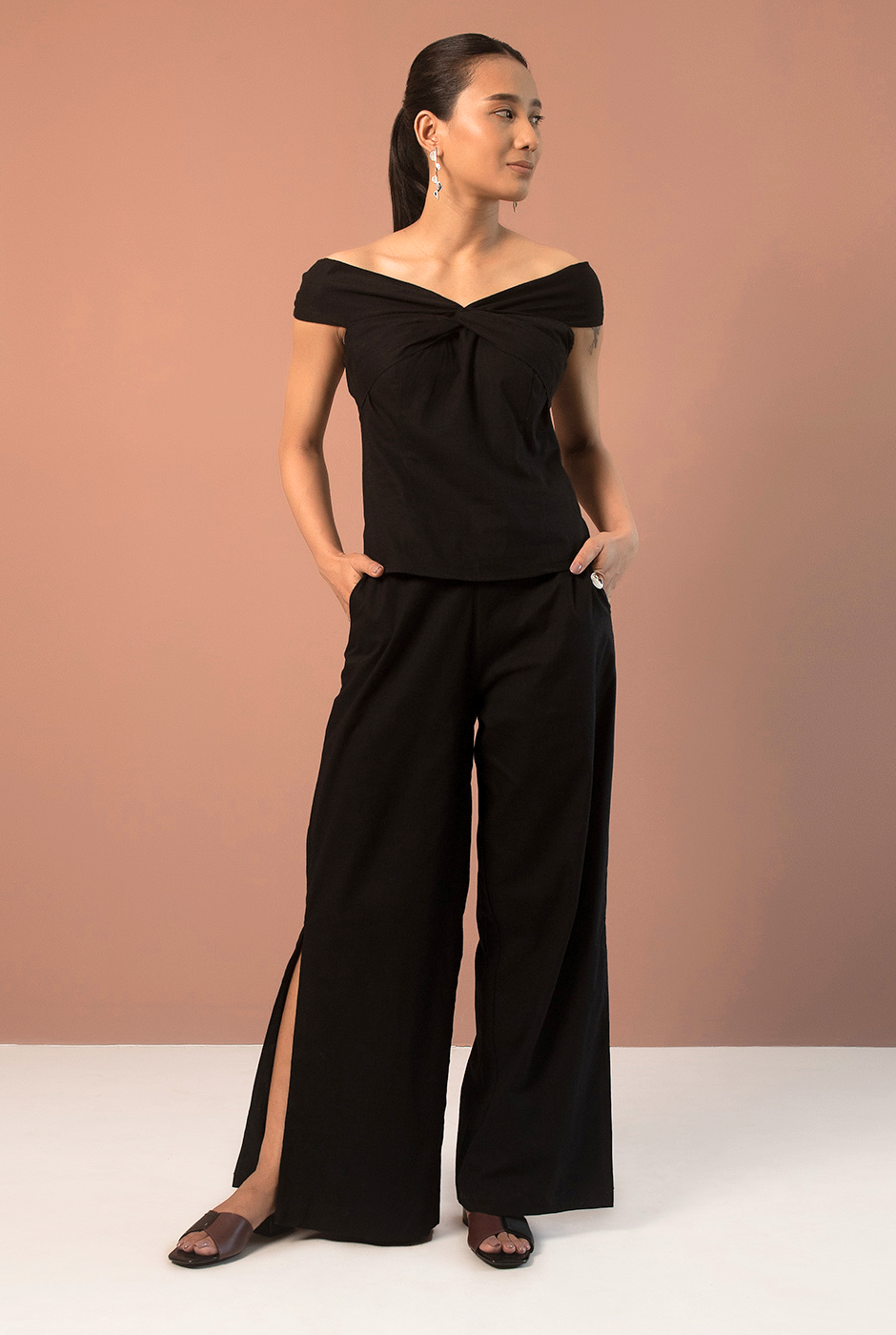 Delilah premium cotton black off-shoulder front twist top