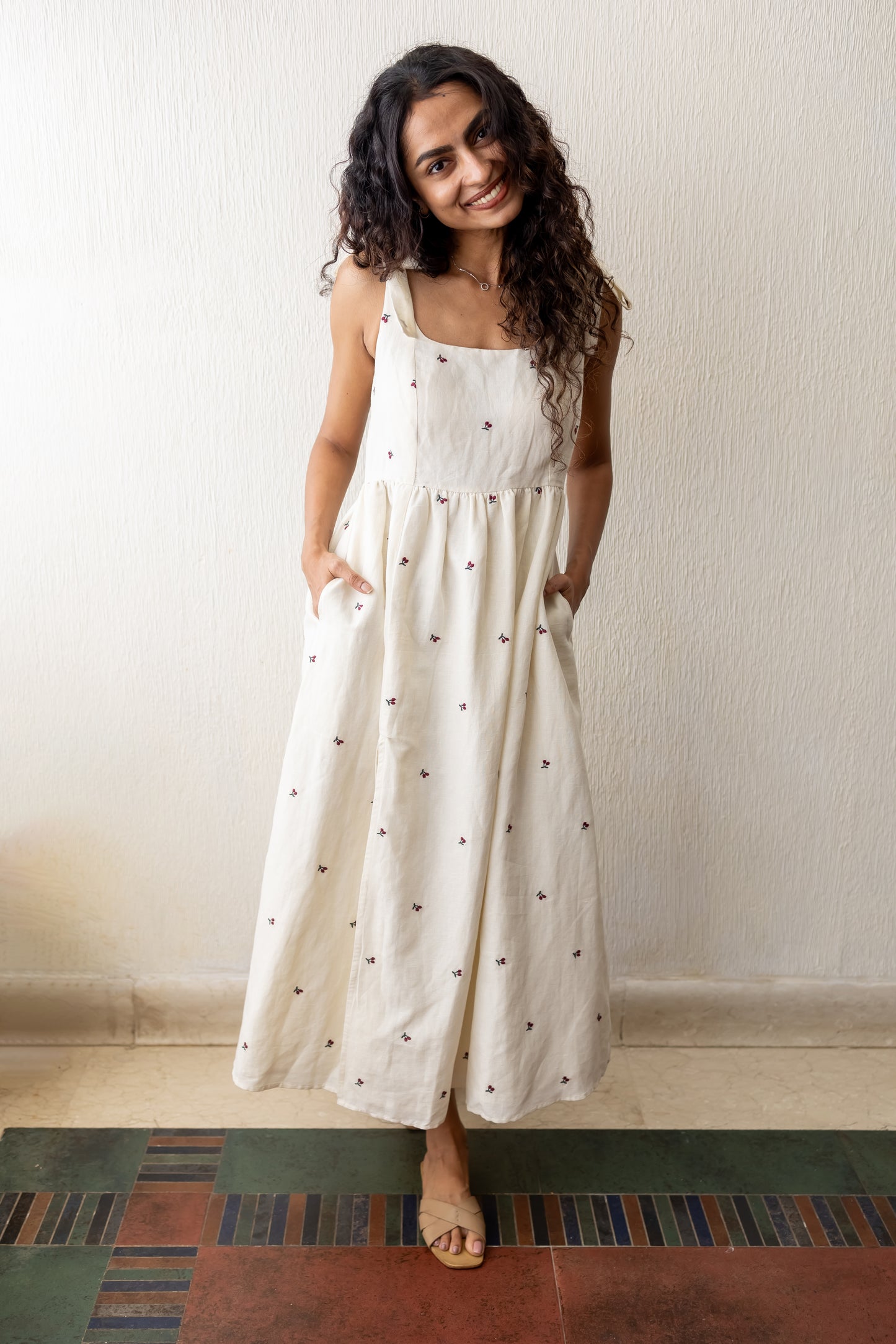 Blair deep red cherry embroidery premium linen-cotton dress (Limited Edition)
