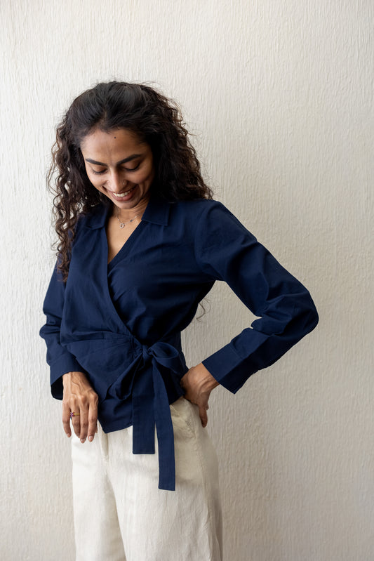 Diana premium cotton navy blue wrap shirt