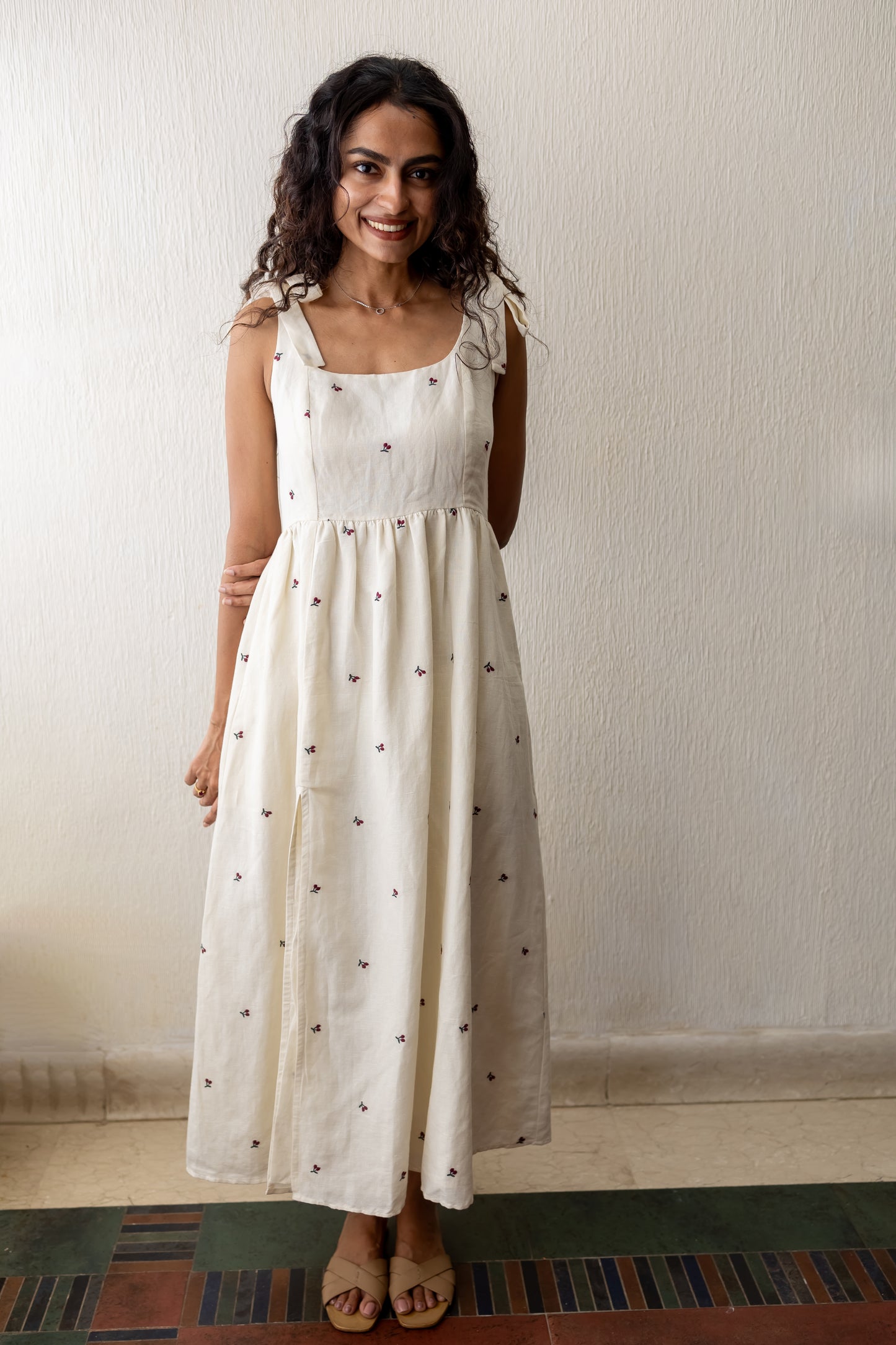 Blair deep red cherry embroidery premium linen-cotton dress (Limited Edition)