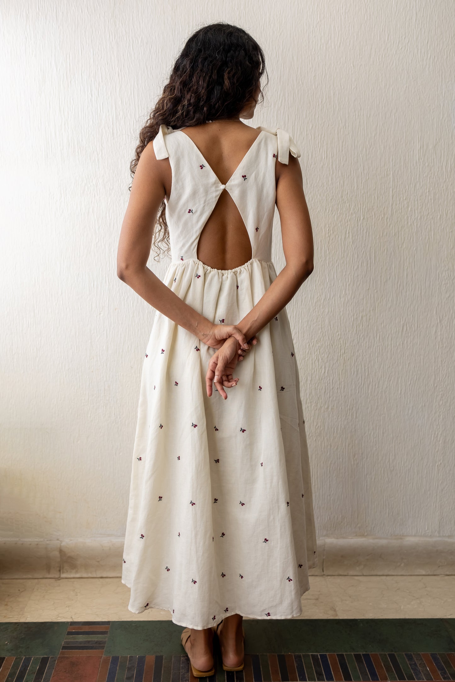 Blair deep red cherry embroidery premium linen-cotton dress (Limited Edition)