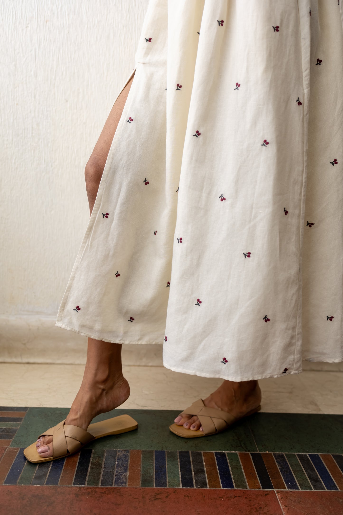 Blair deep red cherry embroidery premium linen-cotton dress (Limited Edition)
