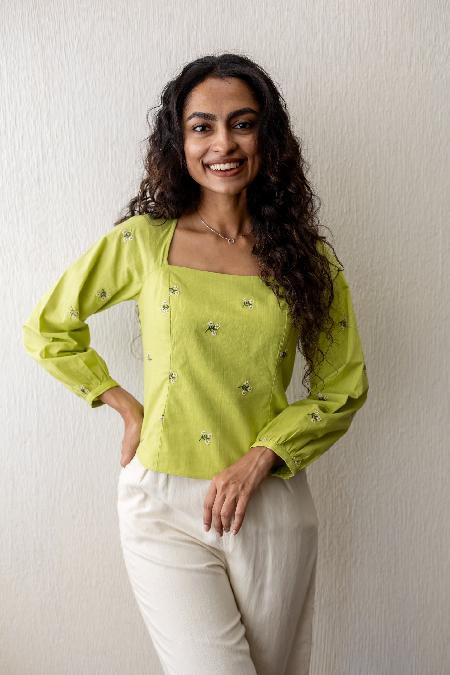 Kayla summer green wide neck floral embroidery top