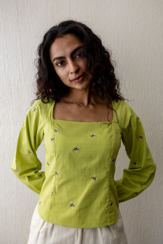 Kayla summer green wide neck floral embroidery top