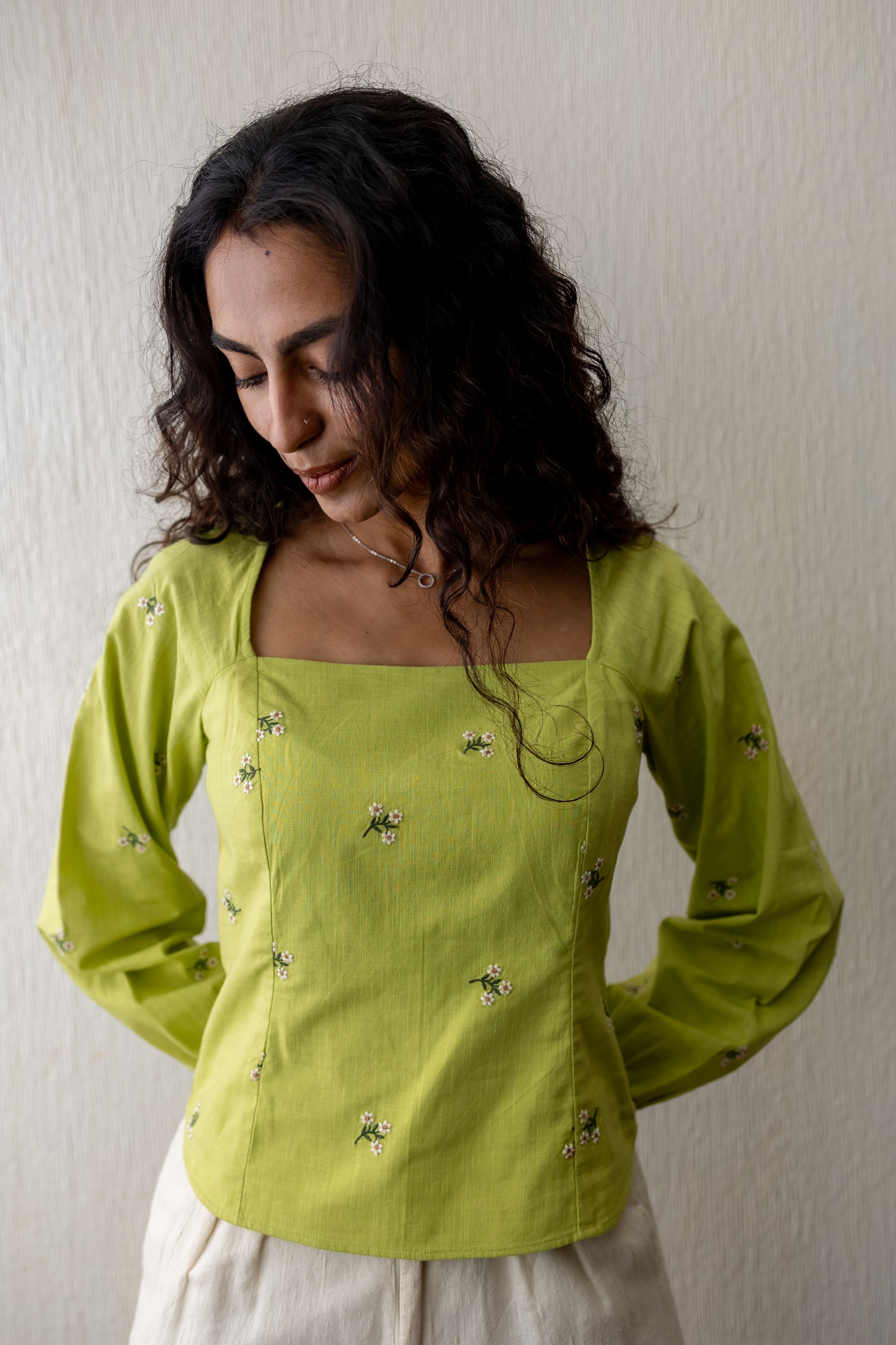 Kayla summer green wide neck floral embroidery top