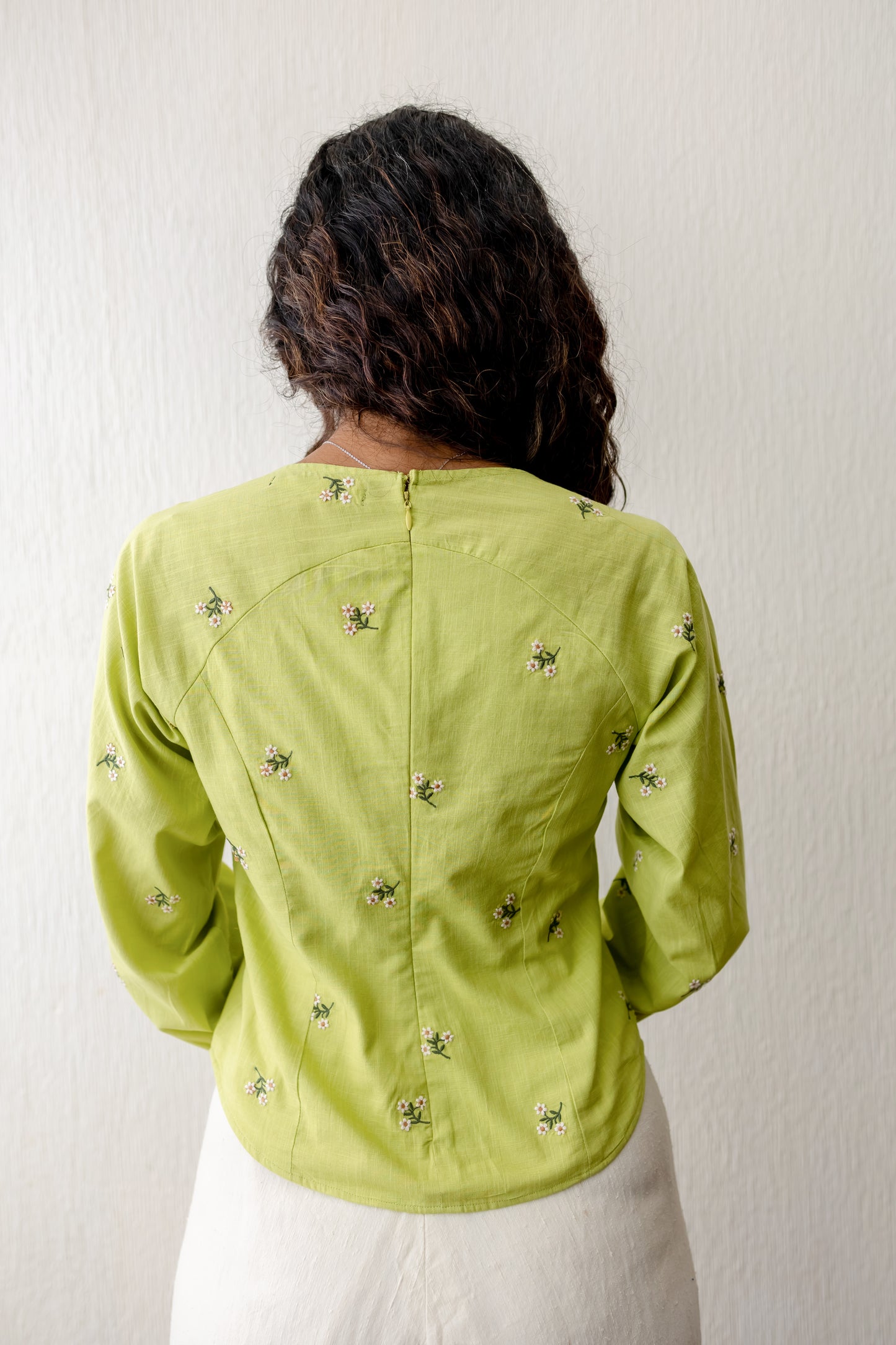 Kayla summer green wide neck floral embroidery top