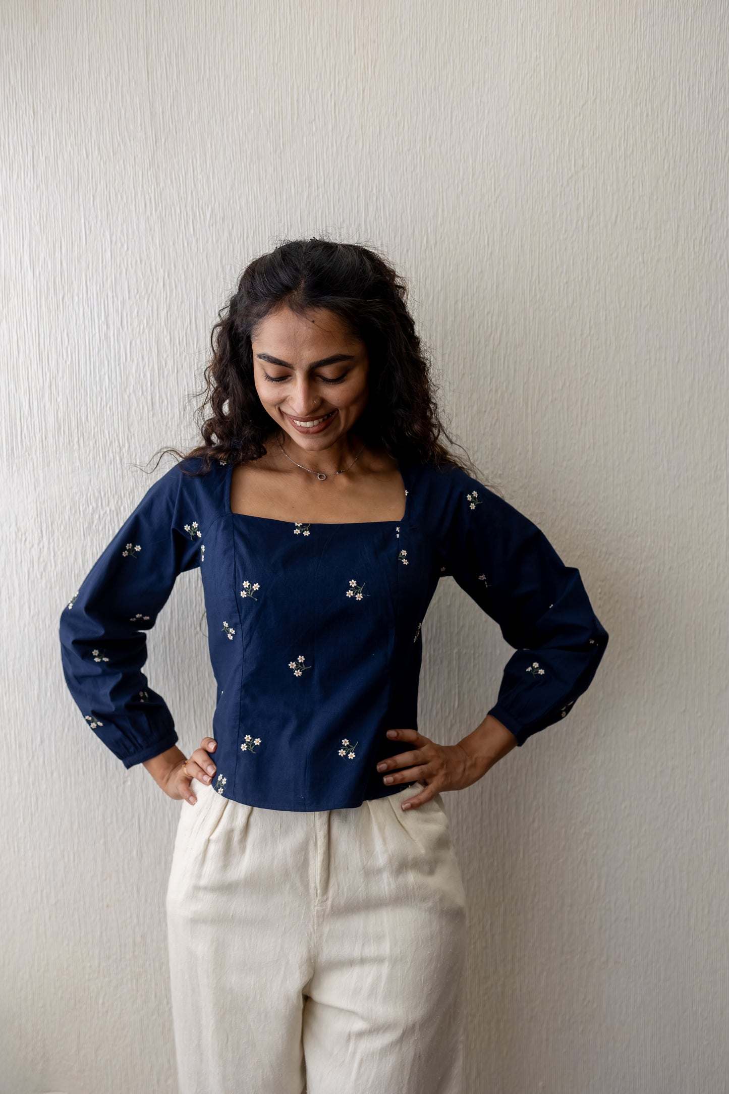 Kayla navy blue wide neck floral embroidery top