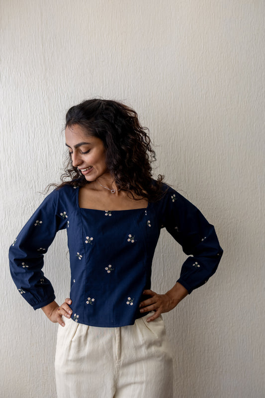 Kayla navy blue wide neck floral embroidery top