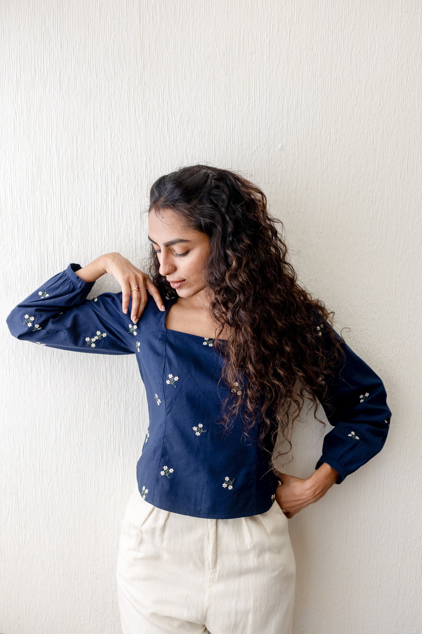 Kayla navy blue wide neck floral embroidery top