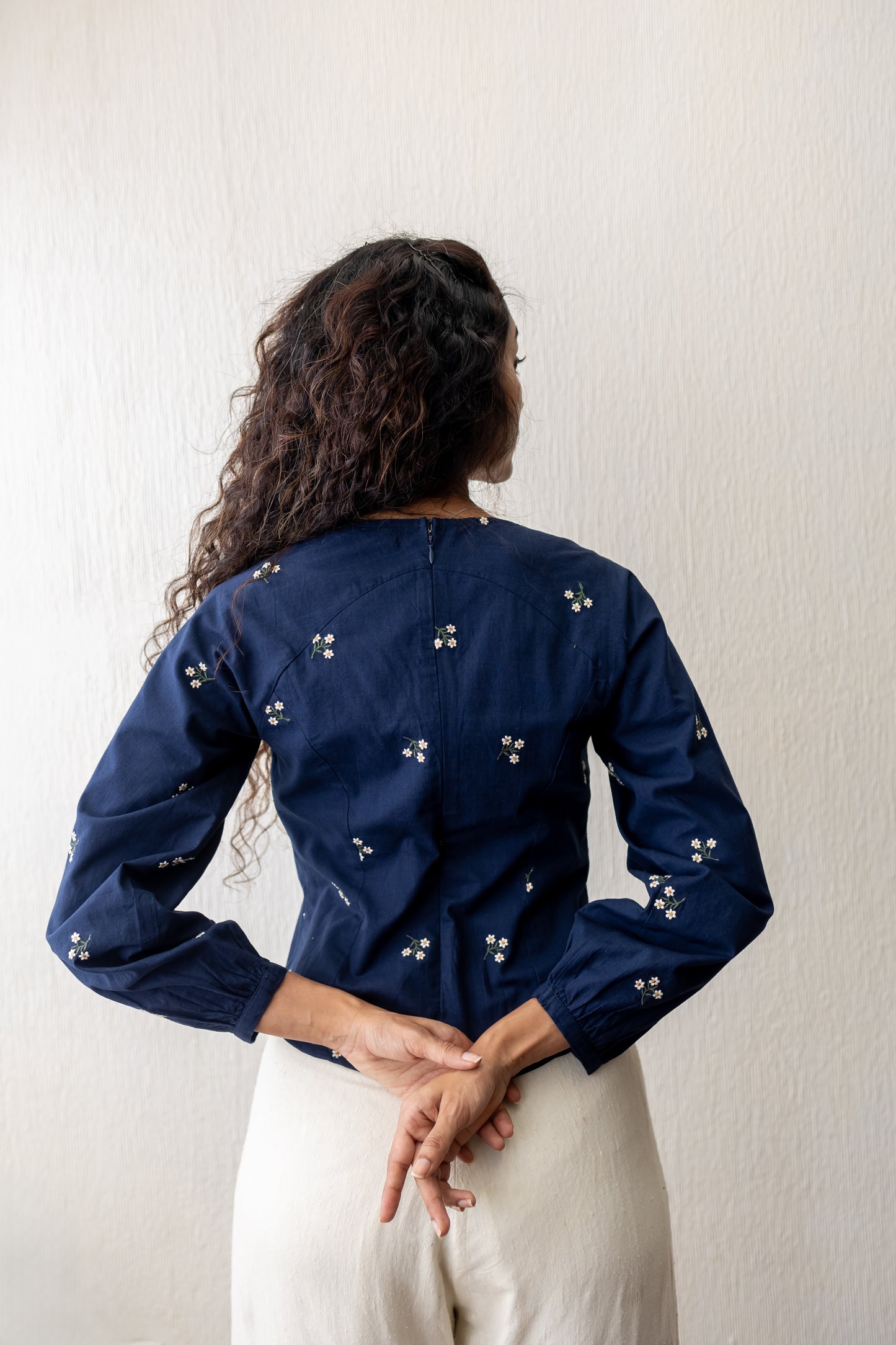 Kayla navy blue wide neck floral embroidery top