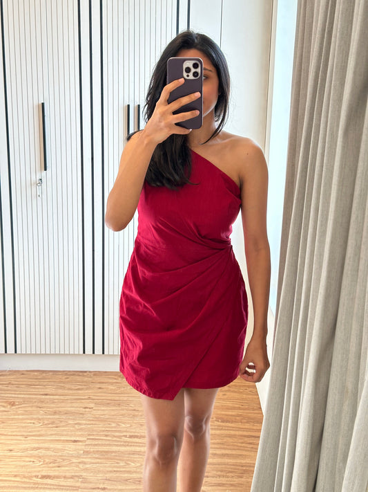Serena premium cotton cranberry one shoulder dress (length adjusted according to height)