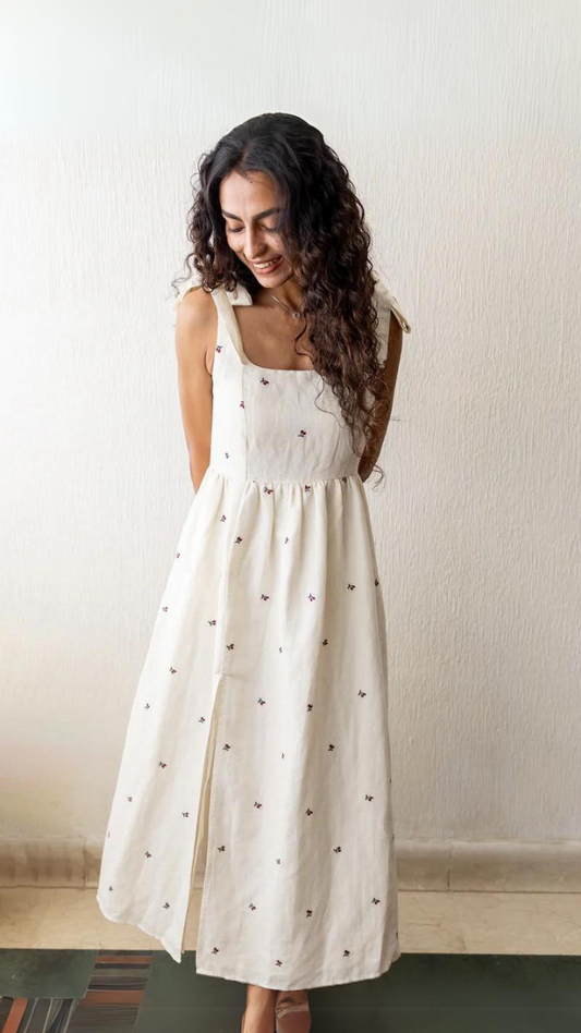 Blair deep red cherry embroidery premium linen-cotton dress (Limited Edition)