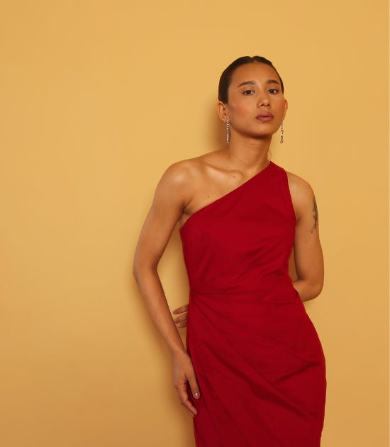 Serena premium cotton cranberry one shoulder dress (length adjusted according to height)