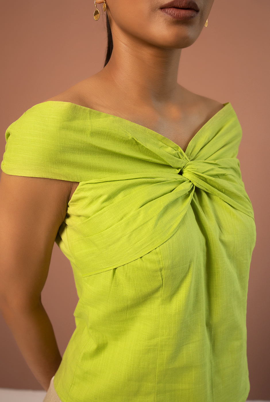 Delilah premium cotton summer green off-shoulder front twist top