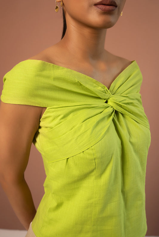 Delilah premium cotton summer green off-shoulder front twist top