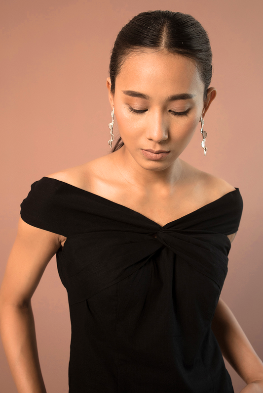Delilah premium cotton black off-shoulder front twist top