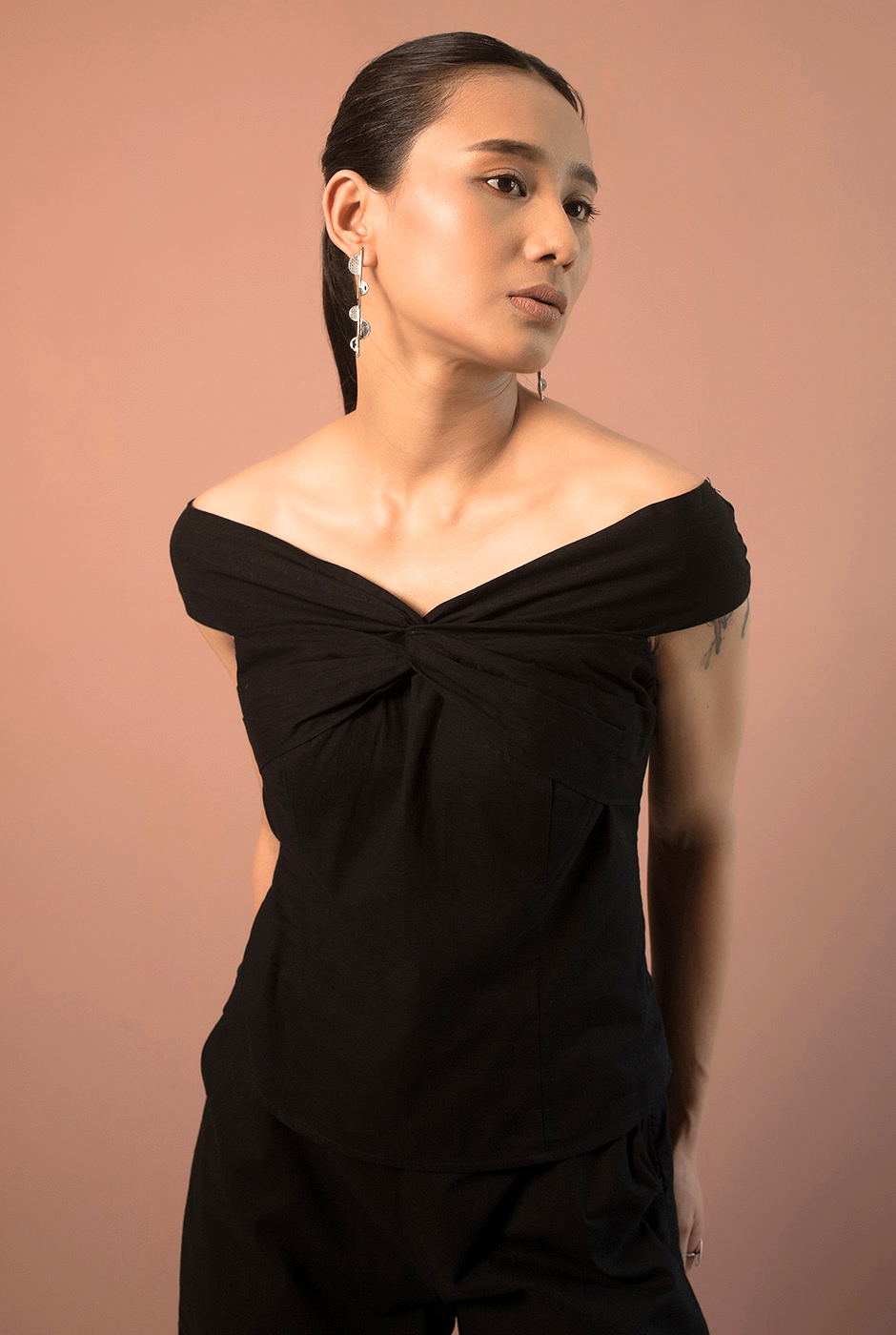 Delilah premium cotton black off-shoulder front twist top
