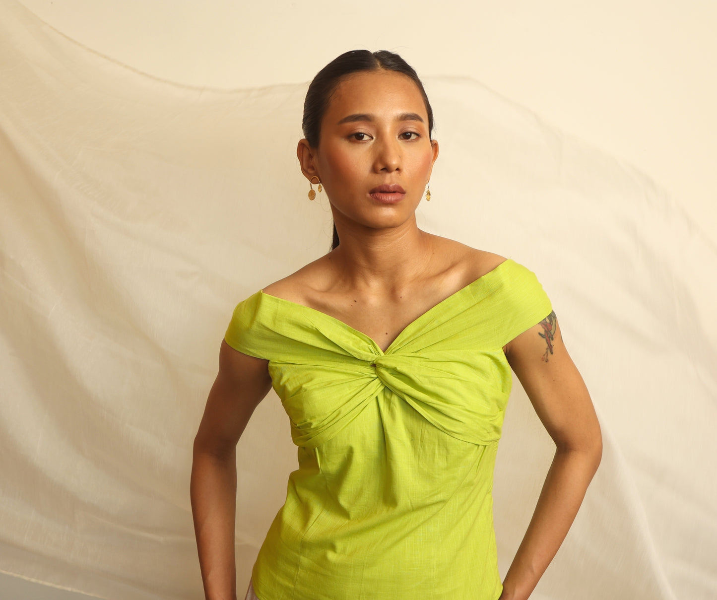 Delilah premium cotton summer green off-shoulder front twist top