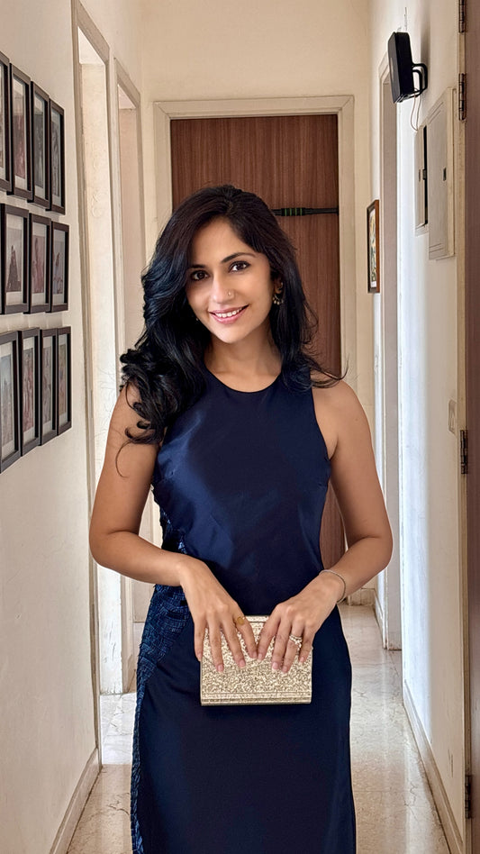 Mira bias cut midnight blue embroidered dress