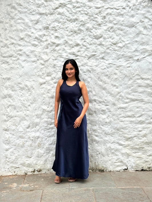 Mira bias cut midnight blue embroidered dress