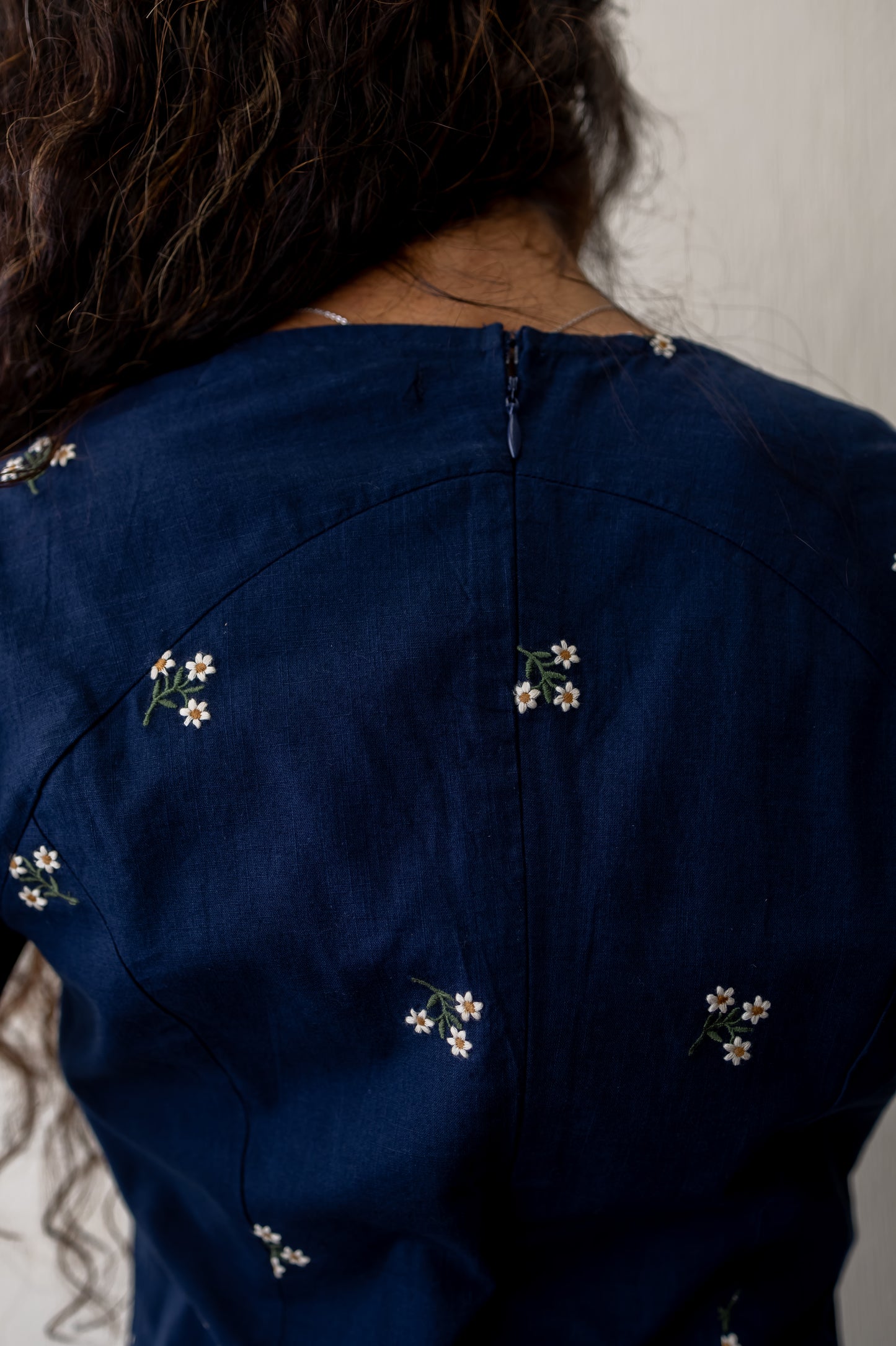 Kayla navy blue wide neck floral embroidery top