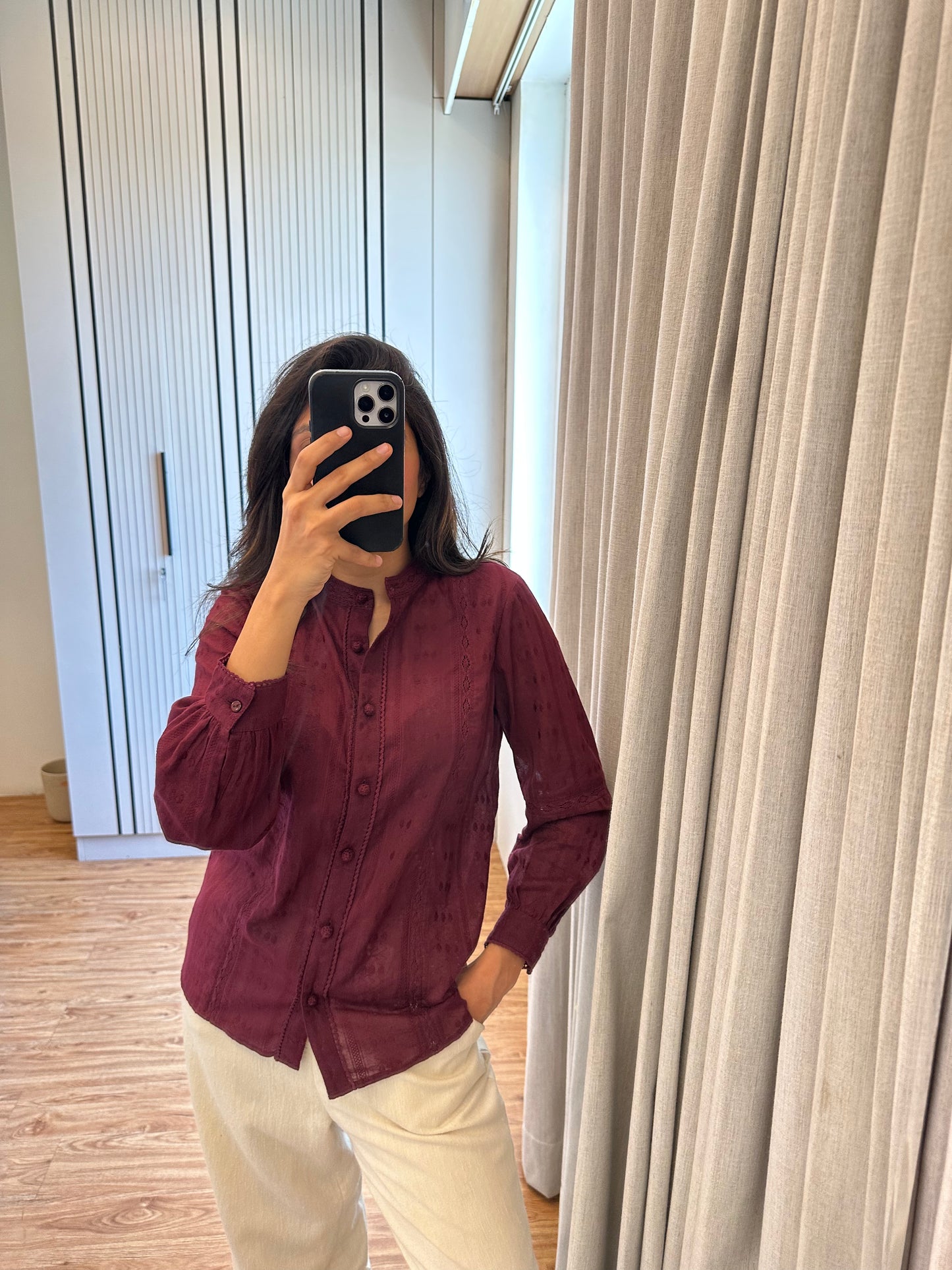 Mika deep berry lace mandarin collar top