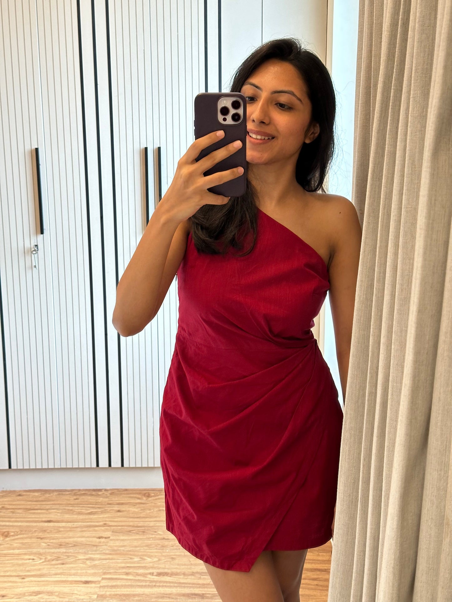 Serena premium cotton cranberry one shoulder dress (length adjusted according to height)