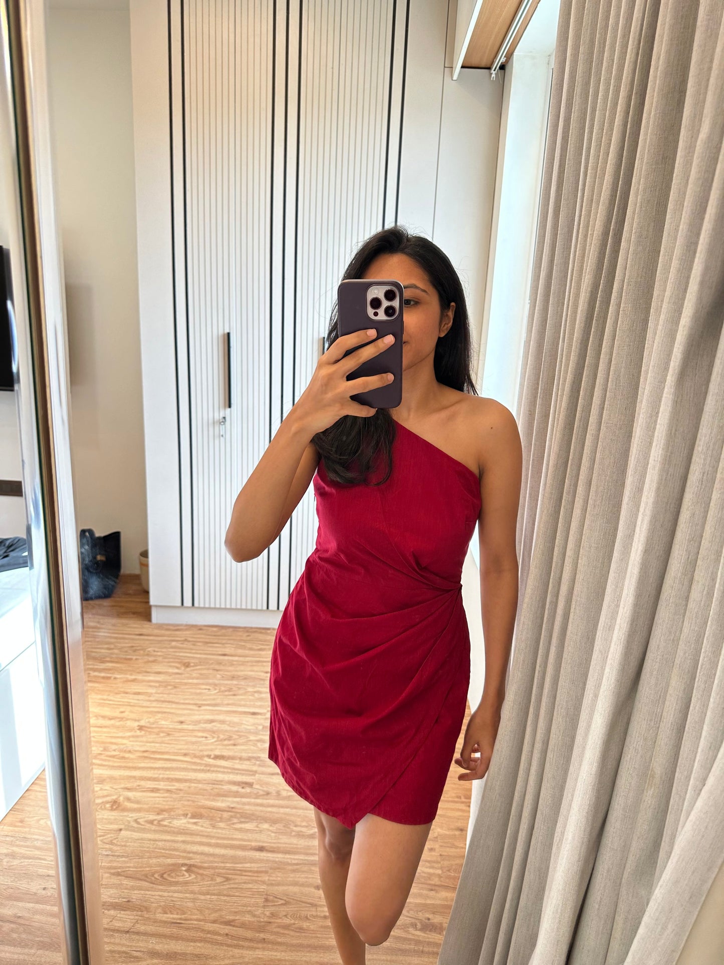 Serena premium cotton cranberry one shoulder dress (length adjusted according to height)