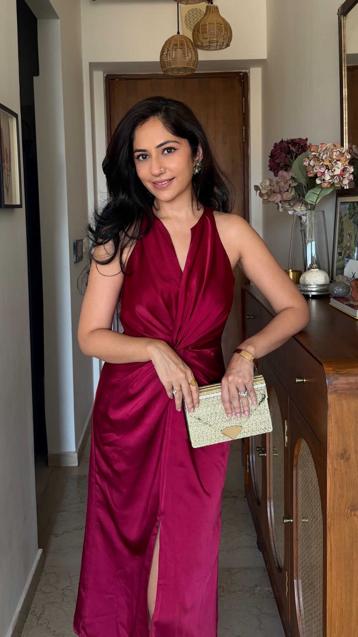 Maè merlot red front knot twist dress