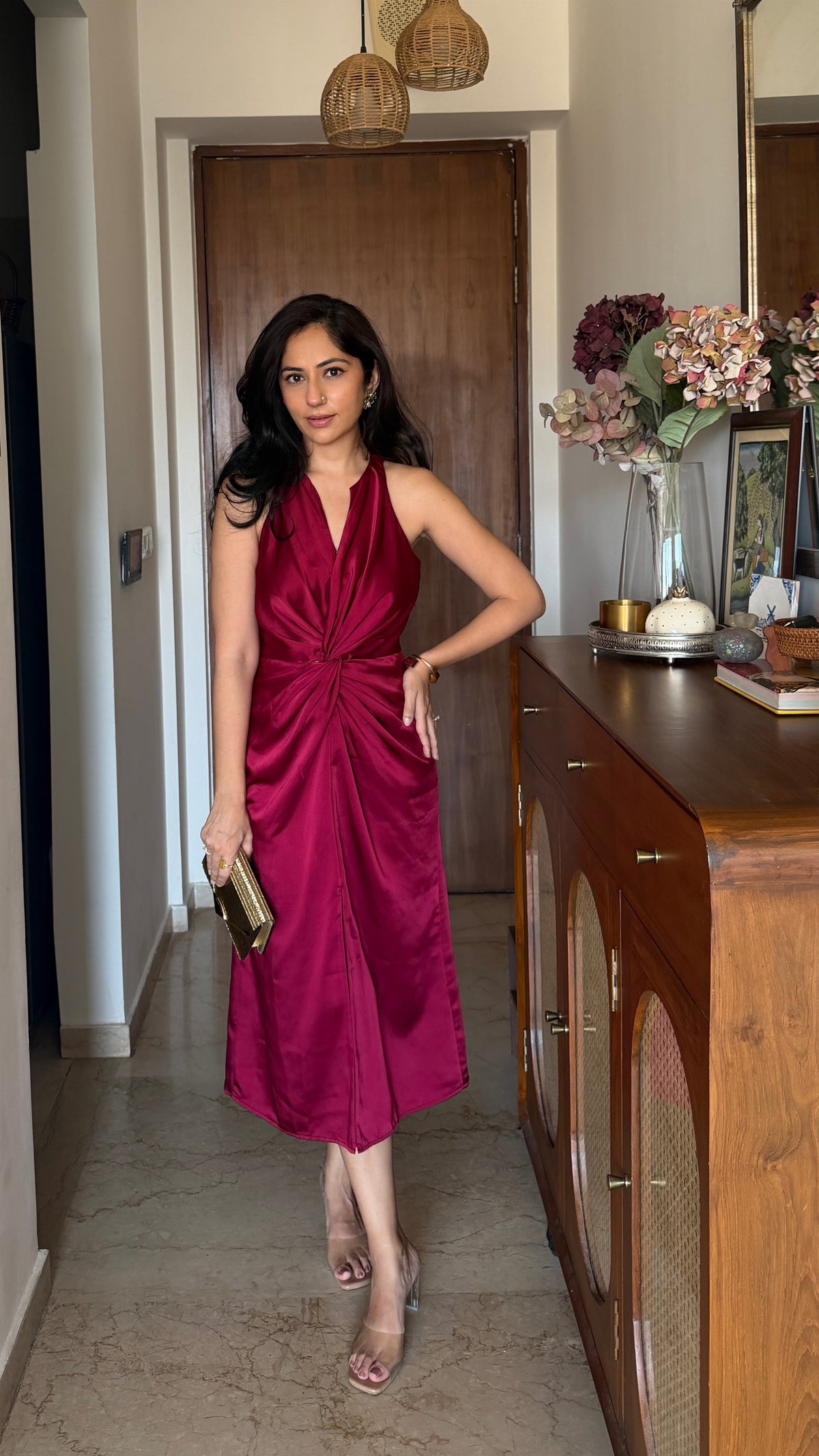 Maè merlot red front knot twist dress