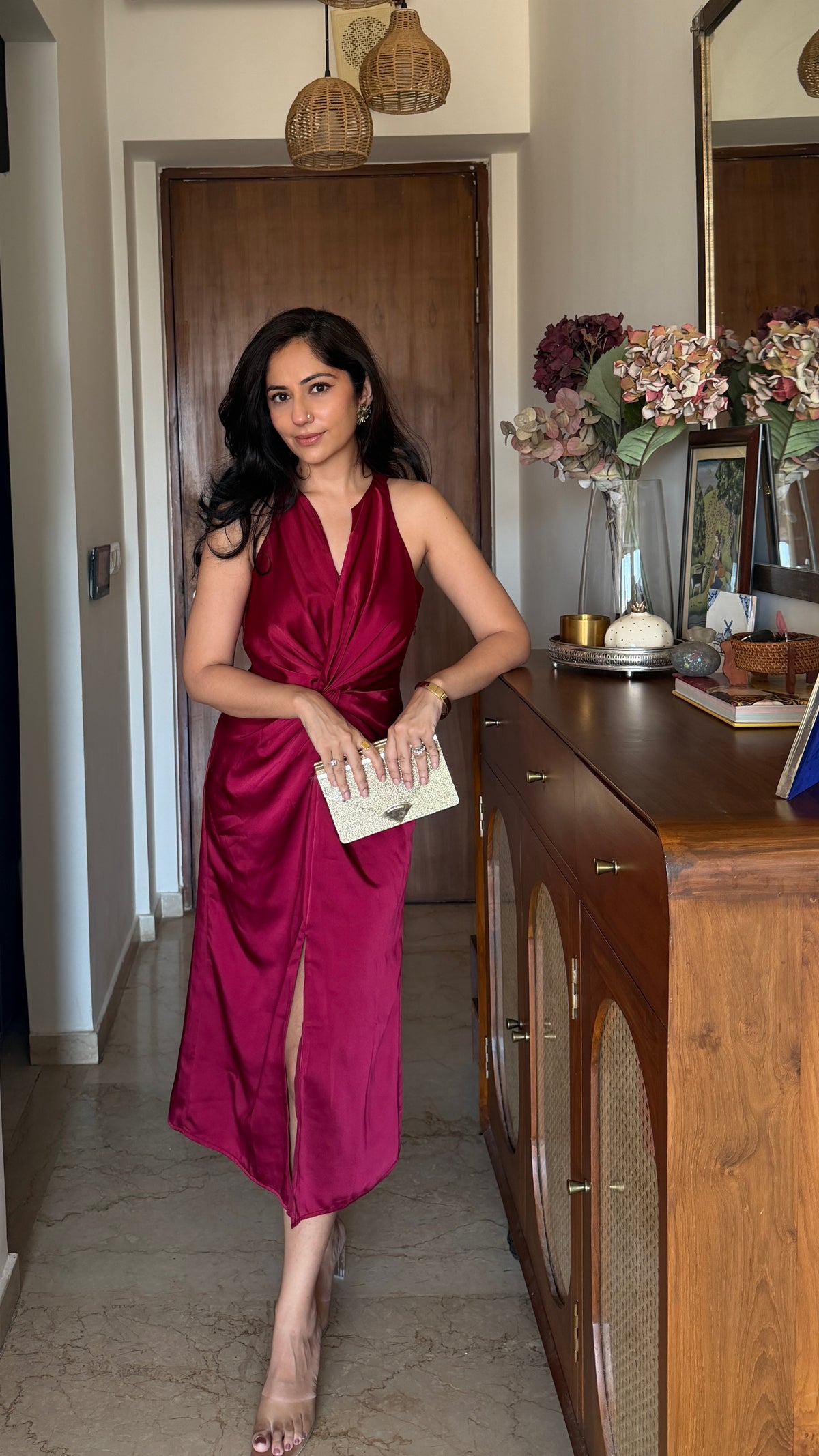 Maè merlot red front knot twist dress