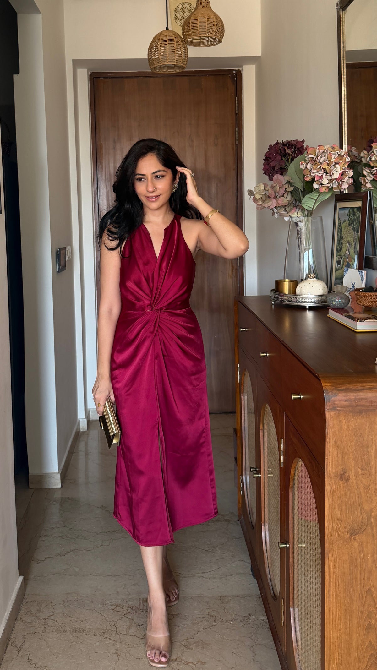 Maè merlot red front knot twist dress